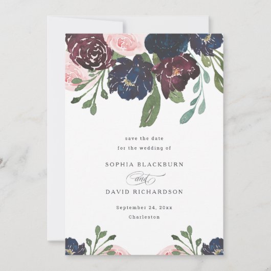 Elegant Floral Navy Blue en Plum | Weddenschap Save The Date (Voorkant)