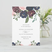 Elegant Floral Navy Blue en Plum | Weddenschap Save The Date (Staand voorkant)
