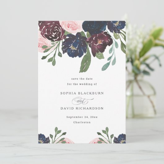 Elegant Floral Navy Blue en Plum | Weddenschap Save The Date (Staand voorkant)