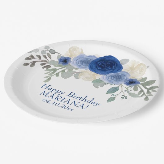 Elegant Floral Navy Blue Floral Birthday Party Papieren Bordje (Gekanteld)
