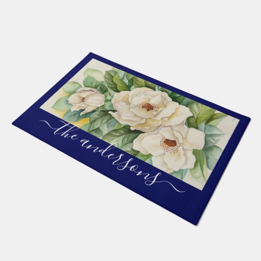 Elegant Floral Navy Blue Magnolia Flowers Name Deurmat (Schuin)
