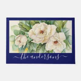 Elegant Floral Navy Blue Magnolia Flowers Name Deurmat