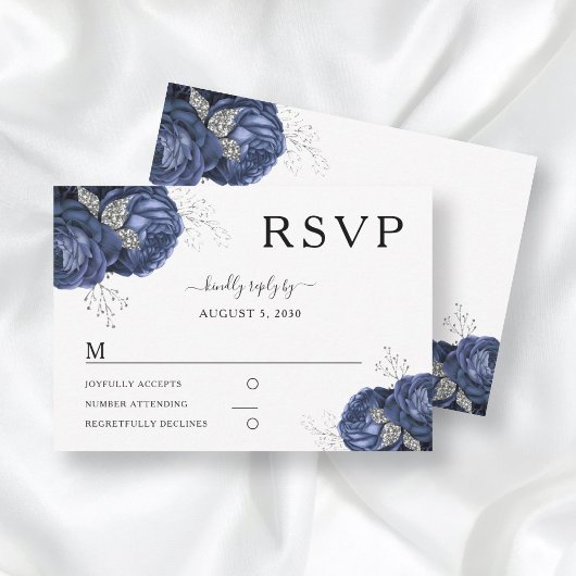 Elegant Floral Navy Blue Peonies Wedding RSVP Kaartje
