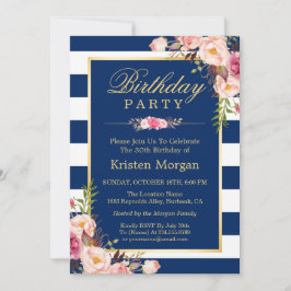Elegant Floral Navy Blue Stripes Birthday Party Kaart