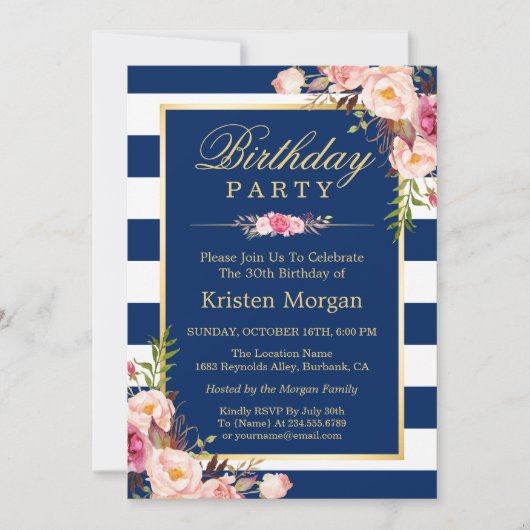 Elegant Floral Navy Blue Stripes Birthday Party Kaart (Voorkant)