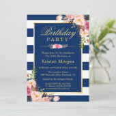 Elegant Floral Navy Blue Stripes Birthday Party Kaart (Staand voorkant)
