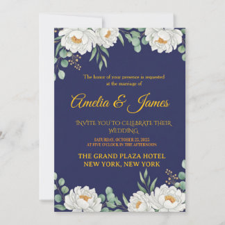 Elegant Floral Navy Blue Wedding Invitation Kaart