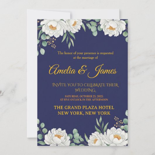 Elegant Floral Navy Blue Wedding Invitation Kaart (Voorkant)