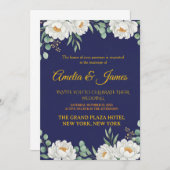 Elegant Floral Navy Blue Wedding Invitation Kaart (Voorkant / Achterkant)