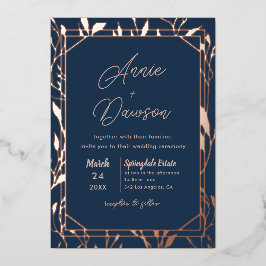Elegant Floral Navy & Roos Gold Wedding Folie Uitnodiging