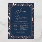 Elegant Floral Navy & Roos Gold Wedding Folie Uitnodiging (Voorkant)