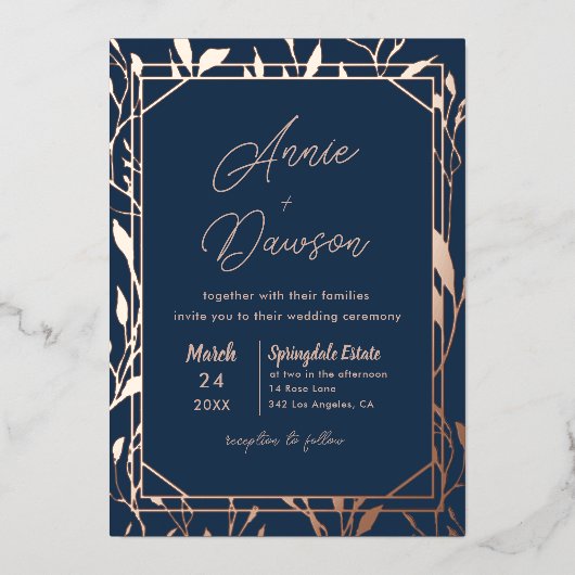 Elegant Floral Navy & Roos Gold Wedding Folie Uitnodiging (Voorkant)