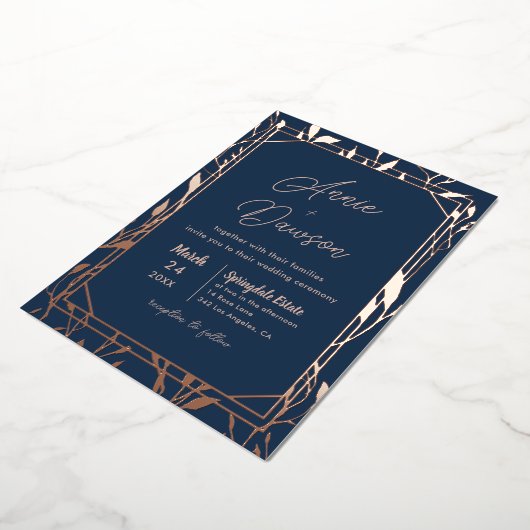 Elegant Floral Navy & Roos Gold Wedding Folie Uitnodiging (Gedraaid)