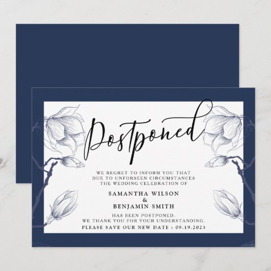Elegant Floral Navy & White Postponed Wedding Kaart (Voorkant / Achterkant)