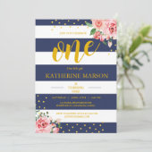 Elegant Floral Navy White Stripes Birthday Party Kaart (Staand voorkant)