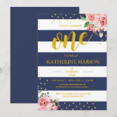 Elegant Floral Navy White Stripes Birthday Party Kaart (Voorkant / Achterkant)