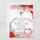 Elegant Floral Nursing Graduation Invitation | Red Kaart (Voorkant)