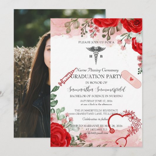 Elegant Floral Nursing Graduation Invitation | Red Kaart (Voorkant / Achterkant)