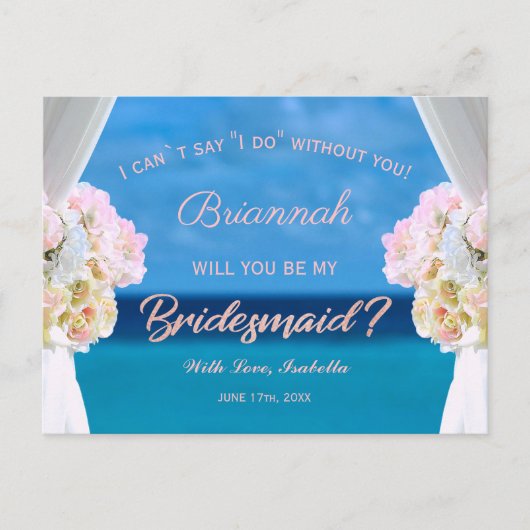 Elegant Floral Ocean Beach Rosegold Bridesmaid Uitnodiging Briefkaart (Voorkant)