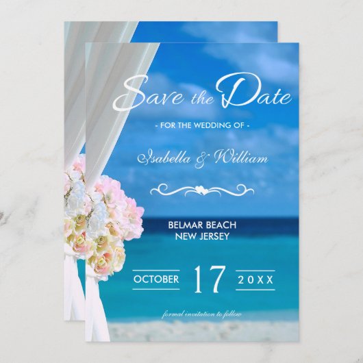 Elegant Floral Ocean Beach Save the Date (Voorkant / Achterkant)