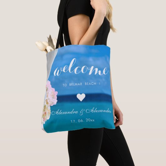 Elegant Floral Ocean Beach Wedding Welcome Favor Tote Bag (Dichtbij)