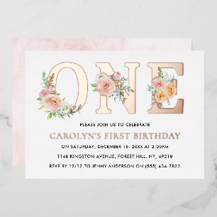 Elegant Floral ONE 1st Birthday Real Folie Uitnodiging