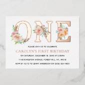 Elegant Floral ONE 1st Birthday Real Folie Uitnodiging (Voorkant)
