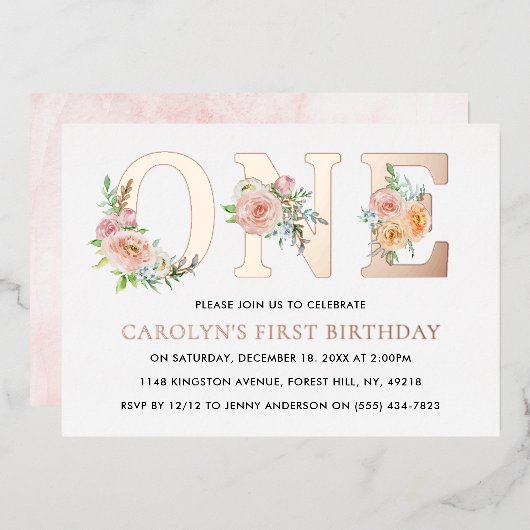Elegant Floral ONE 1st Birthday Real Folie Uitnodiging (Voorkant / Achterkant)