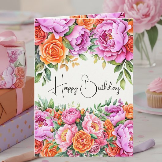 Elegant Floral Orange Pink Peonies Happy Birthday Kaart