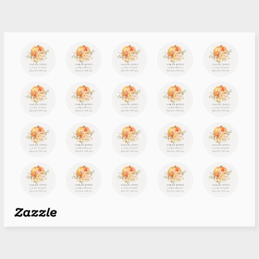 Elegant Floral Oranje Autumn Pumpkin Adres Ronde Sticker (Vel)