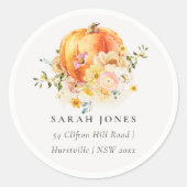 Elegant Floral Oranje Autumn Pumpkin Adres Ronde Sticker (Voorkant)