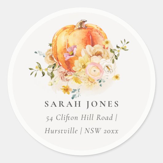 Elegant Floral Oranje Autumn Pumpkin Adres Ronde Sticker (Voorkant)