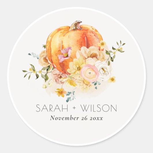 Elegant Floral Oranje herfst Pumpkin Wedding Ronde Sticker (Voorkant)