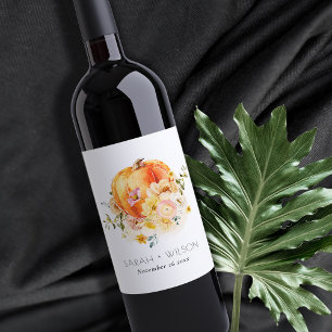 Elegant Floral Oranje herfst Pumpkin Wedding Wijn Etiket