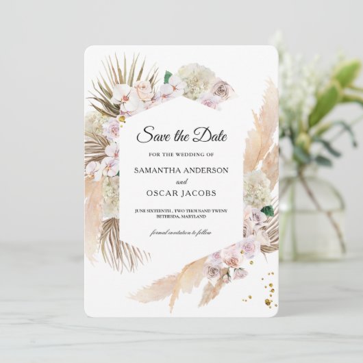 Elegant Floral Orchids en Pampas Beauty Lijst Save The Date (Staand voorkant)