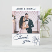 Elegant floral orchids line tekeningfoto bruiloft bedankkaart (Staand voorkant)