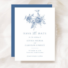 Elegant Floral Ornament Navy Blue Save the Date Kaart