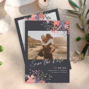 Elegant floral paars blauw 2 foto's slaan de datum save the date