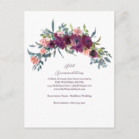 Elegant Floral | Paars Garland Wedding Detail Informatiekaartje (Voorkant)