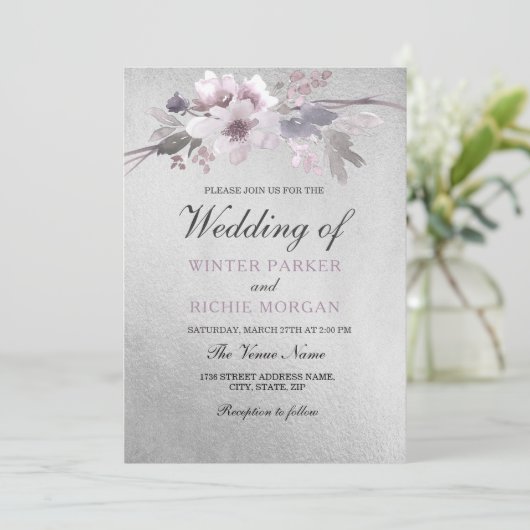 Elegant Floral Paars Silver Foil Wedding Kaart (Staand voorkant)