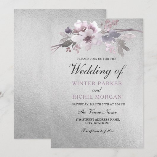 Elegant Floral Paars Silver Foil Wedding Kaart (Voorkant / Achterkant)