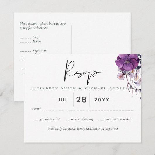 Elegant Floral Paars Sinaasappel Wedding Briefkaart (Voorkant / Achterkant)