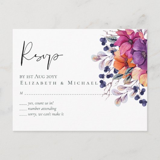 Elegant Floral Paars Sinaasappel Wedding Briefkaart (Voorkant)