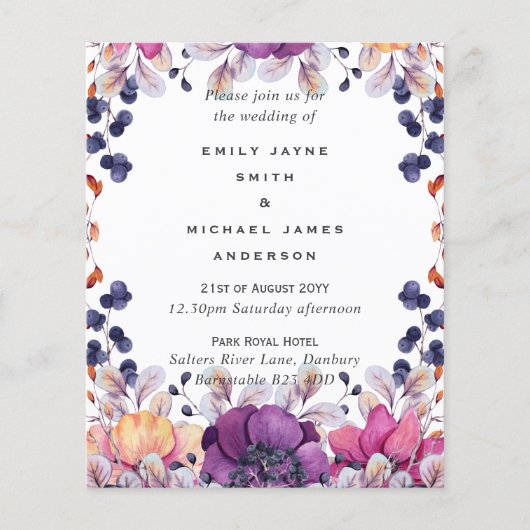 Elegant Floral Paars Sinaasappel Wedding Flyer (Voorkant)