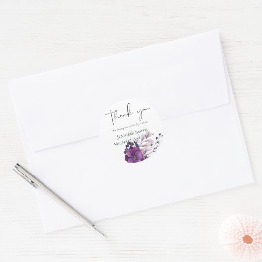 Elegant Floral Paars Sinaasappel Wedding Ronde Sticker (Envelop)
