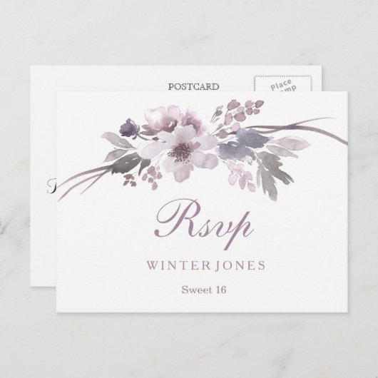Elegant Floral Paars Winter Sweet 16 RSVP Uitnodiging Briefkaart (Voorkant / Achterkant)
