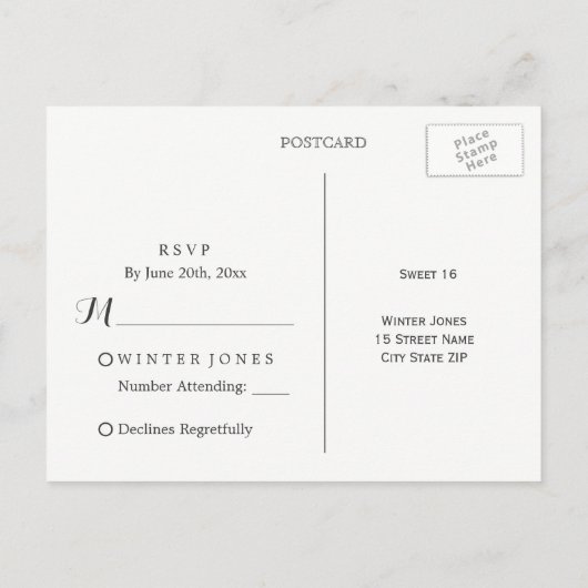 Elegant Floral Paars Winter Sweet 16 RSVP Uitnodiging Briefkaart (Achterkant)