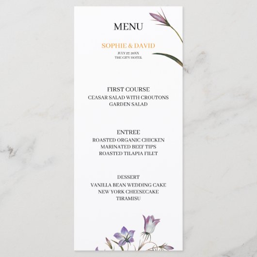 Elegant Floral Paarse bruiloft menu (Voorkant)