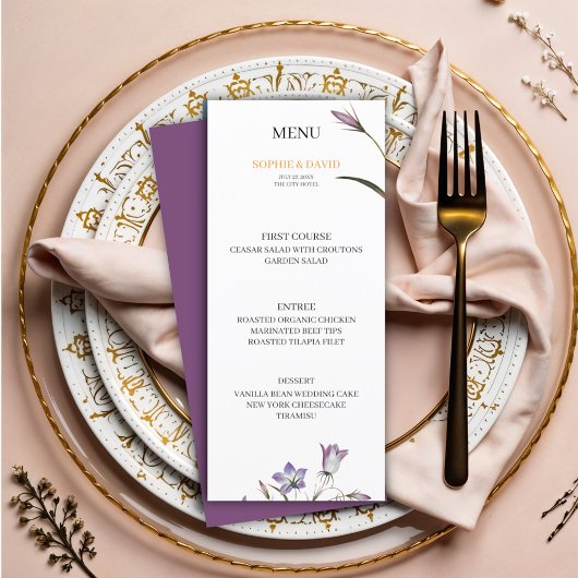 Elegant Floral Paarse bruiloft menu