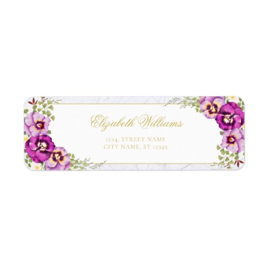 Elegant Floral  Paarse Chic Marble Pansies Etiket (Voorkant)